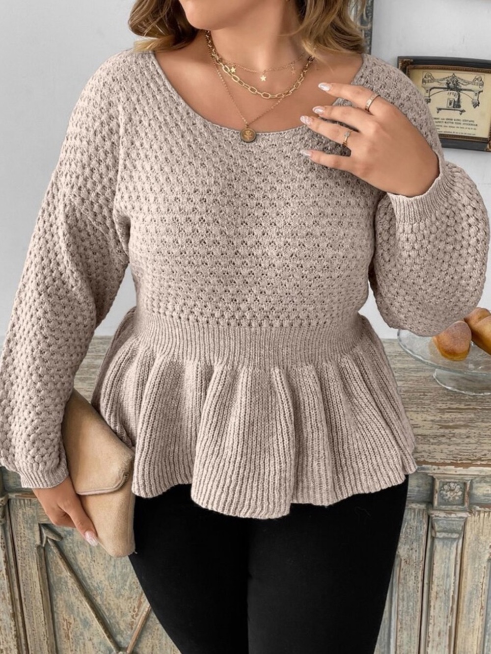 SHEIN Textured Knit Beige Peplum top